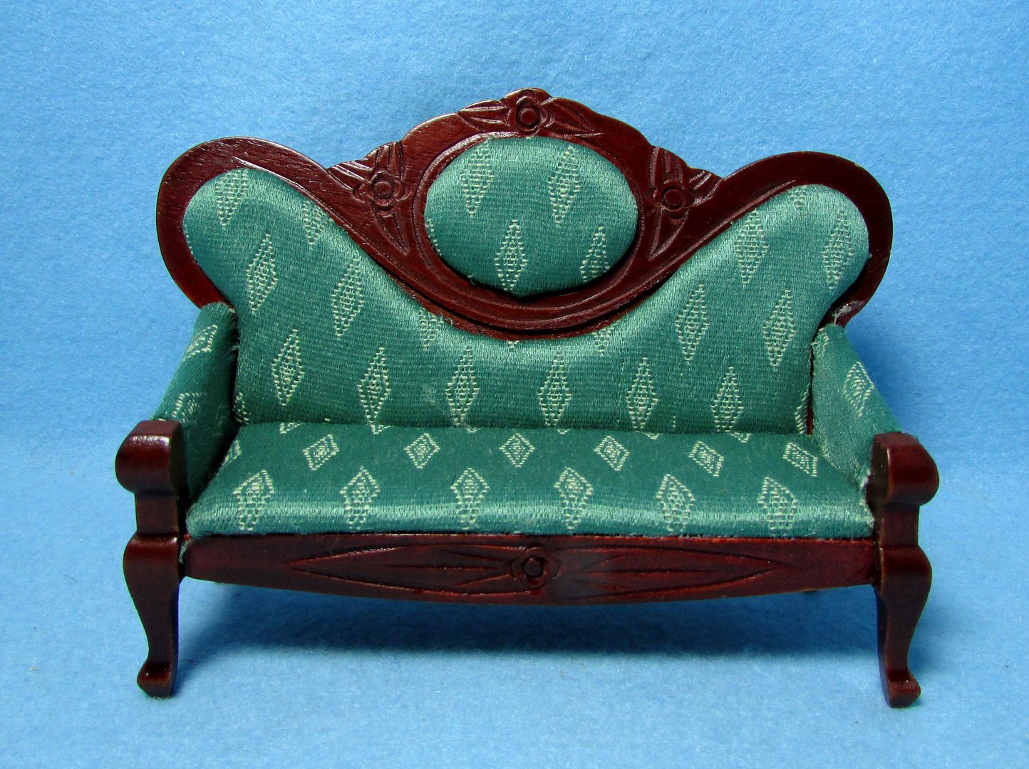 Dollhouse Miniature Victorian Sofa Couch with Green Fabric Wood